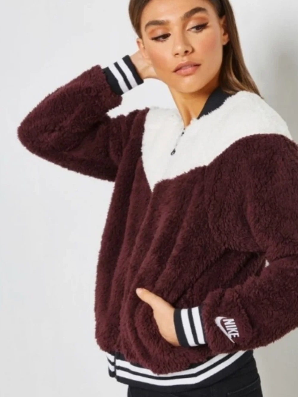 Nike Burgundy and White Sherpa Half-Zip Bomber Jacket